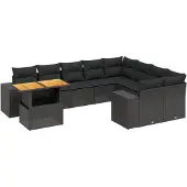 vidaXL 10-tlg. Garten-Sofagarnitur mit Kissen Schwarz Poly Rattan