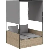 vidaXL Doppel-Sonnenliege mit Dach und Vorhängen Beige Poly Rattan