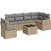 vidaXL 7-tlg. Garten-Sofagarnitur mit Kissen Beige Poly Rattan