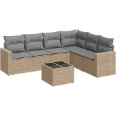 vidaXL 7-tlg. Garten-Sofagarnitur mit Kissen Beige Poly Rattan