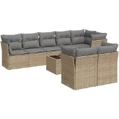 vidaXL 9-tlg. Garten-Sofagarnitur mit Kissen Beige Poly Rattan