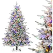 Costway Künstlicher Weihnachtsbaum 210cm, beflockter Tannenbaum mit 350 mehrfarbigen LEDs, 8 Lichtmodi & 1164 Zweigspitzen, beleuchteter Christbaum