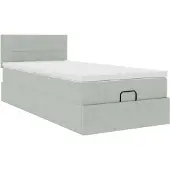 Syfax Ottoman-Bett, Stauraumbett mit Matratze und Topper, Samt Hellgrau, hydraulischer Hebemechanismus, Taschenfederkernmatratze Mittel, 90x200 cm