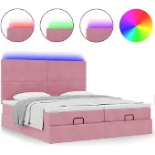 Syfax Ottoman-Bett mit Matratzen & LEDs Rosa 160x200 cm Samt
