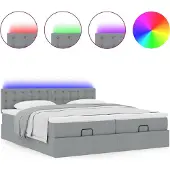 Syfax Ottoman-Bett mit Matratzen & LEDs Hellgrau 200x200 cm Stoff