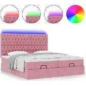 Syfax Ottoman-Bett mit Matratzen & LEDs Rosa 160x200 cm Samt