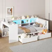 STILVORA 90x200 Jugendbett mit Ablageflächen und Schubladen,Holzbett mit gepolstertem Kopfteil und Ladestation ,Einzelbett mit LED-Leuchtung,ohne Matratze,Weiß