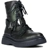 MACIEJKA Petrolgrüne Vollnarbenleder Stiefeletten mit 5 cm Plateau, Reißverschluss, Schnürung und abnehmbarem Riemen