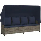 vidaXL Sonnenliege mit Dach und Kissen Grau Poly Rattan