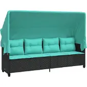 vidaXL Sonnenliege mit Dach und Kissen Schwarz Poly Rattan