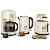 Klarstein Victoria Vollständiges Frühstücksset – Toaster 2 Scheiben mit Brötchenaufsatz, Wasserkocher 1,7L, Filterkaffeemaschine 12 Tassen, Retro Design, Warmhaltefunktion, Cream