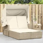 vidaXL Doppel-Sonnenliege mit Dach und Auflagen Beige Poly Rattan 365810
