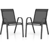 Costway 2er Set Gartenstühle stapelbar, Balkonstühle Terrassenstühle Stapelstühle mit Armlehnen bis 150 kg belastbar, 56x70x84cm Schwarz