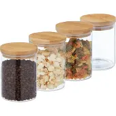 Relaxdays Vorratsgläser mit Bambusdeckel, 4er Set, kleine Vorratsdosen aus Glas, 750 ml, luftdicht, transparent/natur
