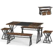 Costway 5-teiliges Esstisch Set für 4-6 Personen, rechteckiger Esszimmertisch mit 2 Bänken&2 Stühlen, industrielle Essgruppe, Küchentisch Metallrahmen