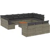 vidaXL 14-tlg. Garten-Sofagarnitur mit Kissen Grau Poly Rattan