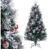 Costway Weihnachtsbaum künstlich 180cm mit Tannenzapfen & Beeren, Tannenbaum mit Schnee, kaltweißen LEDs, Glasfaser & Sternspitze, 8 Modi Grün Weiß