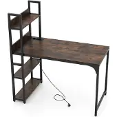 Costway Computertisch mit Ladenstation, 120 CM Schreibtisch mit offenem Bücherregal, AC-Steckdosen, USB-A-Anschluss & Typ-C-Anschluss