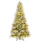 Costway Künstlicher Weihnachtsbaum 225cm, Tannenbaum mit Schnee, 470 warmweißen LEDs & 81 Tannenzapfen, Christbaum, Kunstbaum Weihnachten
