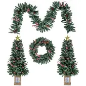 Costway Künstlicher Weihnachtsbaum im Topf 2er Set, 120cm Mini Tannenbaum mit Weihnachtsgirlande, Weihnachtskranz, Kiefernzapfen, Beeren&Stern, Grün
