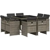 vidaXL 9-tlg. Garten-Essgruppe mit Kissen Grau Poly Rattan