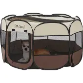 En.casa Hundelaufstall Telford 58 x 114 x 114 cm Pop Up Tierlaufstall für Innen- und Außenbereich Welpenlaufstall Hundehütte Braun / Cremefarben
