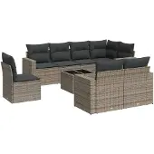 vidaXL 9-tlg. Garten-Sofagarnitur mit Kissen Grau Poly Rattan