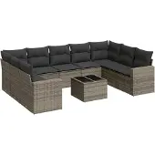 vidaXL 10-tlg. Garten-Sofagarnitur mit Kissen Grau Poly Rattan