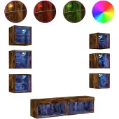 Syfax 8-tlg. Wohnwand mit LED-Beleuchtung Räuchereiche Holzwerkstoff