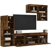 vidaXL 6-tlg. Wohnwand mit LED-Beleuchtung Räuchereiche Holzwerkstoff 3216736