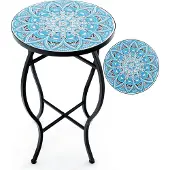 Costway Beistelltisch 30x50cm, Mosaiktisch Rund, Gartentisch Bistrotisch, aus Metall, Keramik, Blau