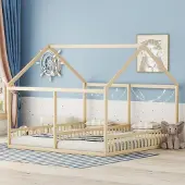 Ulife Einzelbetten Zwillingsbett Hochbett mit Rausfallschutz, Kieferholz & MDF, 90x200 ,Natur