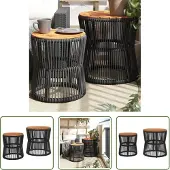 The Living Store Garten-Beistelltische 2 Stk. mit Holzplatte Schwarz Poly Rattan