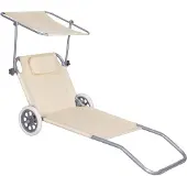Springos Strandliege Sonnenliege Transportliege Gartenliege mit Räder und Sonnendach - Beige