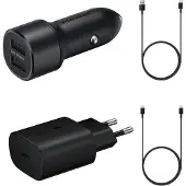 Samsung įkroviklio rinkinys ECO pakuotėje. Yra kelioniniai ir automobiliniai adapteriai su laidais (Juodas)