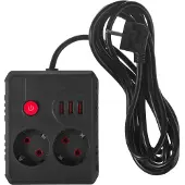 Macleans Steckdosenleiste Verlängerungskabel 2 Steckdosen + 3xUSB 110-240V AC 50/60Hz 2,1A max 2500W 3 m schwarz MCE388 B