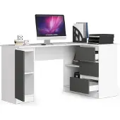 BDW , Eckschreibtisch rechts, 3 Schubladen, 4 Regale, Weiss / Grau