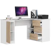 BDW , Eckschreibtisch rechts, 3 Schubladen, 4 Regale, Weiss / Eiche Sonoma