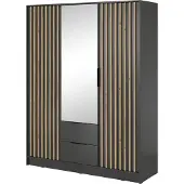 Bettso Eleganter Dreitüriger Kleiderschrank mit 2 Schubladen für Schlafzimmer Nelly 3D mit Spiegel und Eiche Artisan Lamellen Fronten / Graphit