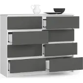 BDW , Kommode mit 8 Schubladen, 120x99x40 cm, viel Stauraum, Weiß - Grau