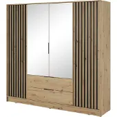 Bettso Eleganter Viertüriger Kleiderschrank mit 2 Große Schubladen für Schlafzimmer Nelly 4D mit Spiegel und Schwarz Lamellen Fronten / Eiche Artisan