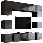 3Xeliving Wohnwand Mattschwarz/Grau Hochglanz MDF, 228 x VERSTELLBAR x 35cm