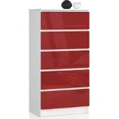 BDW Hochglanz Kommode, 5 Schubladen, Schlafzimmer, 60x121, Weiß-Rot
