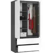 BDW , Kleiderschrank 2 Türen, 2 Schubladen, 180x90x51 cm, Garderobe, Grau / Weiss