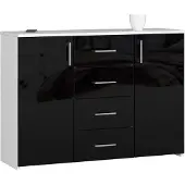 BDW Hochglanz Kommode, 4 Schubladen, 2 Türen, 110x80 cm, Weiß-Schwarz