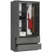 BDW , Kleiderschrank 2 Türen, 2 Schubladen, 180x90x51 cm, Garderobe, Grau