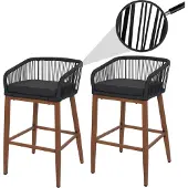 Mendler 2er-Set Rope-Barhocker MCW-O22, Outdoor Sitzpolster Seilgeflecht Metall Holz-Optik anthrazit, Kissen dunkelgrau