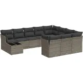 vidaXL 11-tlg. Garten-Sofagarnitur mit Kissen Grau Poly Rattan