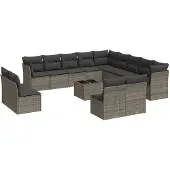 vidaXL 14-tlg. Garten-Sofagarnitur mit Kissen Grau Poly Rattan