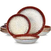 Happyment Luxus Geschirrset – 4 Personen – Porzellan – 12-teilig – Tafelservice – Rot